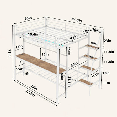 Lit superposé double en métal avec bureau intégré et éclairage à DEL - conception loft peu encombrante pour enfants et adolescents, structure robuste, assemblage facile, pour les chambres à coucher et les dortoirs - blanc