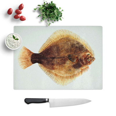 Glass Illustration of A Greenback Flounder Fish by F.E. Clarke Chopping Board