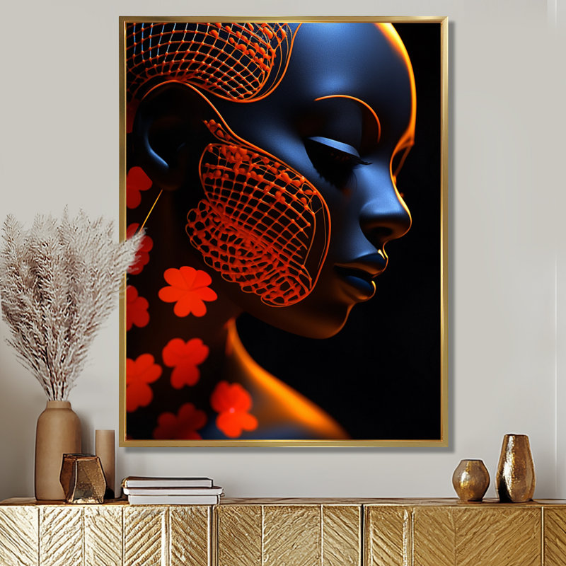 Élégant papillon bleu profond Portrait I - femme moderne, décoration murale, H 32 po x l 24 po, Cadre flottant doré