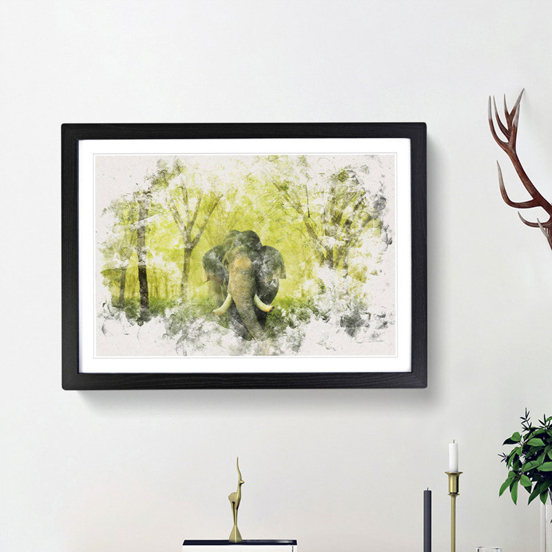 Marvellous Elephant in a Green Forest - Picture Frame Painting Print, 24cm H x 33cm W x 2cm D, Black Framed