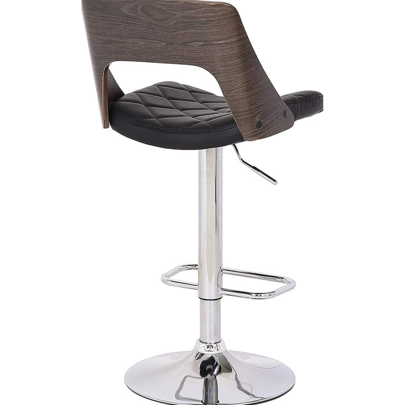 Contemporary Modern Bar Stool With Wood Back, Adjustable Height, And 360 Swivel In Weathered Oak Style Swivel, Diamond Finish