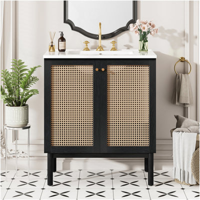 30-Inch Bathroom Vanity Featuring Handmade Rattan Doors And Soft-Closing Mechanisms