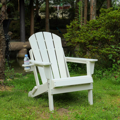 Outdoor Adirondack Chair, Foldable With Dual Cup Holder, Composite Material With Wood Texture