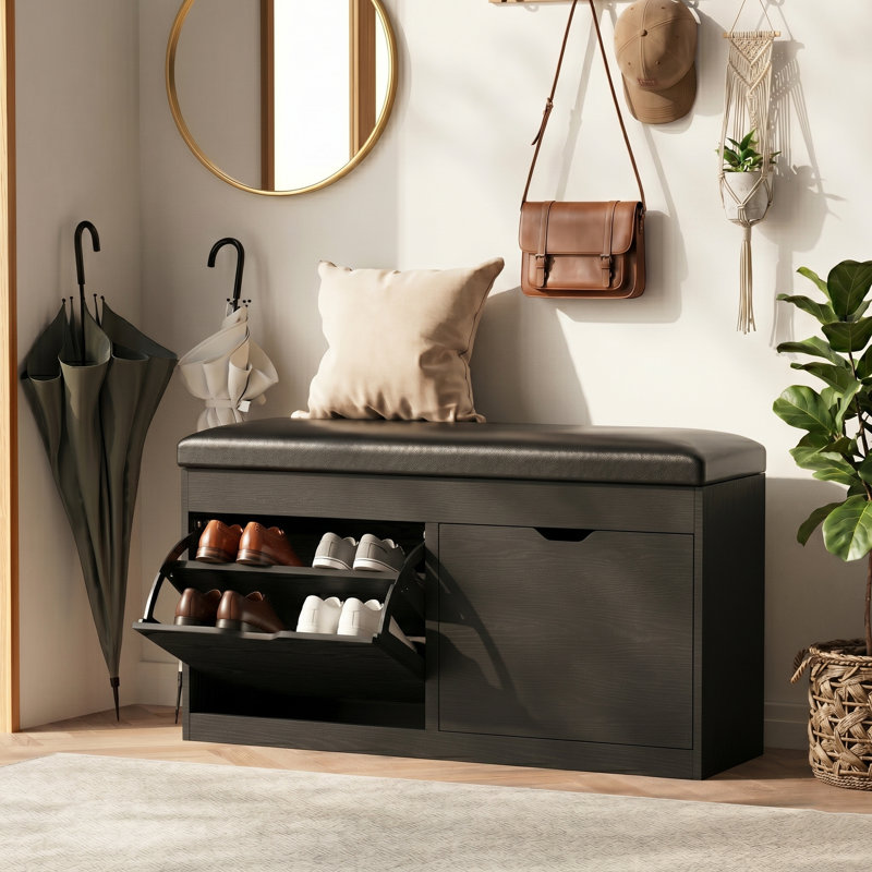 8 Pair Shoe Storage Bench With Lift Top, 2 Flip Drawers & Padded Seat Cushion - Entryway, Hallway, Living Room Shoe Organizer Cabinet Serkis