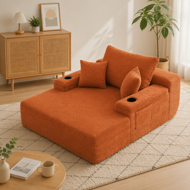Chaise longue convertible en velours côtelé orange | Canapé-lit moelleux sans dossier avec grands accoudoirs | Porte-gobelet et coussins décoratifs inclus | Aucun assemblage requis pour le salon ou la chambre