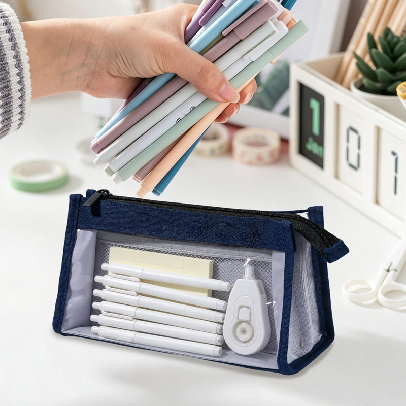 Pochette de rangement en plastique transparent pour crayons d'étudiant, multicompartiments, grande capacité, pour fournitures scolaires et examens.