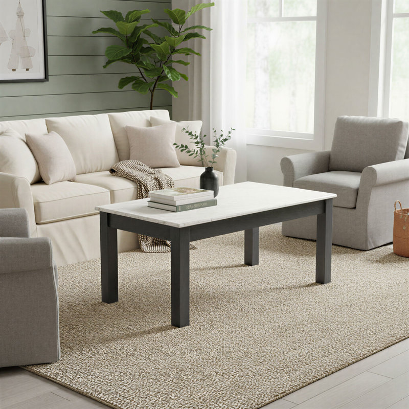 Rectangular Teak and Marble Coffee Table, Black