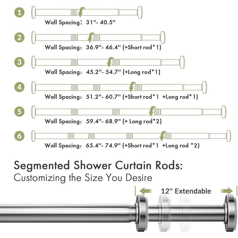 Tringle à rideau de douche à ressort robuste à tension de ressort, installation réglable sans perceuse, tringle de rideau de salle de bain antirouille avec patins en caoutchouc antidérapants, conception durable et polyvalente