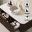 Meuble-lavabo mural rayé à rebords incurvés pré-assemblés avec lavabo, tiroir, lavabo en céramique blanche sans robinet, couleur grain de bois noyer foncé