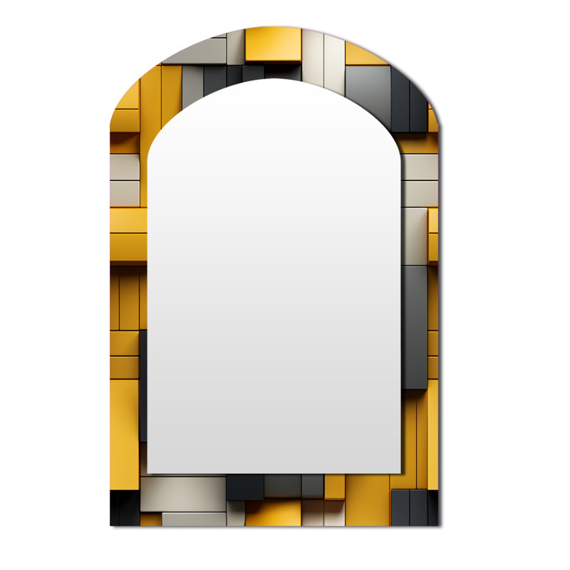 Harmonie de blocs géométriques jaunes et gris - miroir décoratif géométrique asymétrique, grand miroir à arche jaune, impression sur métal