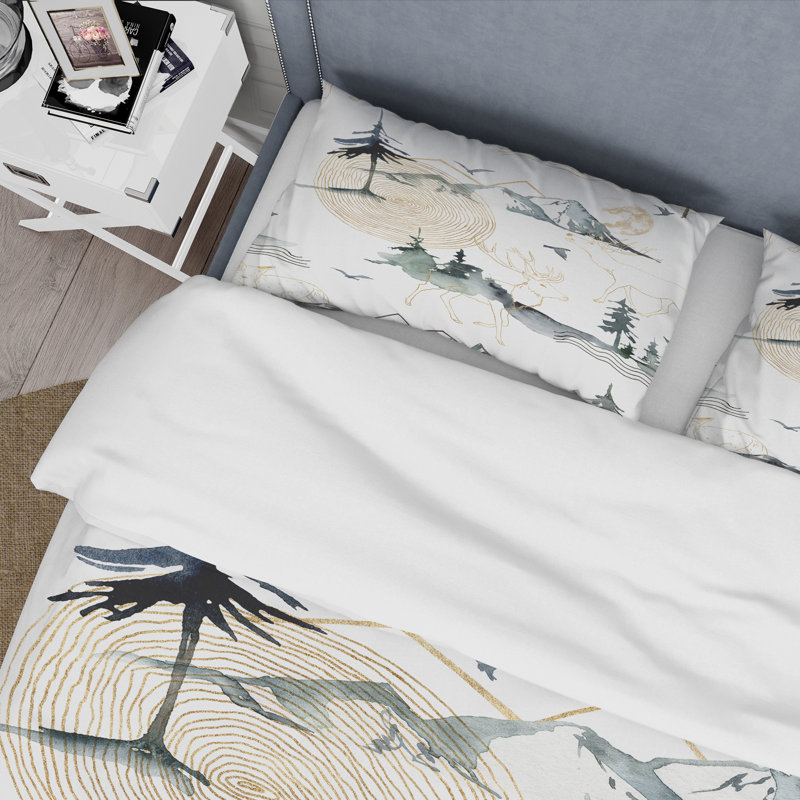 Ensemble de housse de couette moderne - Gouache minimaliste avec des montagnes et des cerfs - Microfibre de polyester