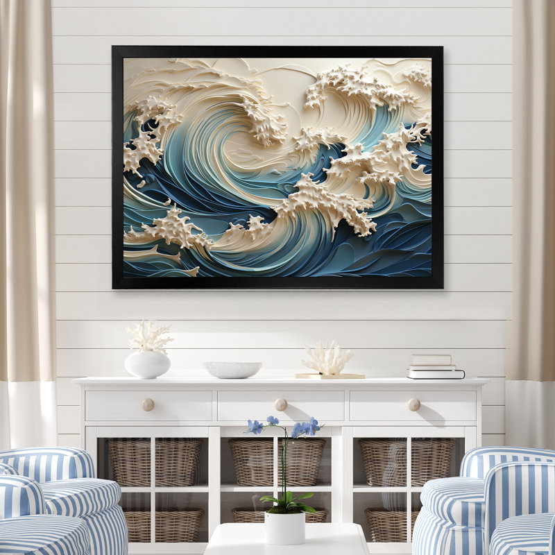 «White and Blue Wave Papercut Style III - Coastal Waves», reproduction d'art sur toile Wave (sans textures), Cadre noir