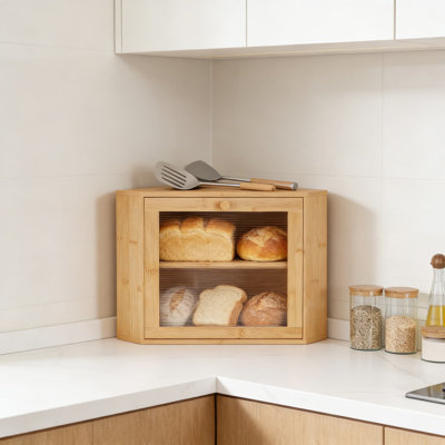 Corner Bread Box For Kitchen Countertop With Adjustable Shelf And Wavy Acrylic Door, Bamboo Wood Bread Storage Container For Space Saving Organization