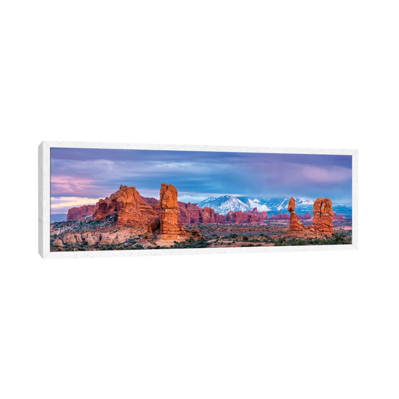 Balanced Rock And La Sal Mountains by Susanne Kremer - Panoramic Gallery-Wrapped Canvas Giclée on Canvas, White Framed