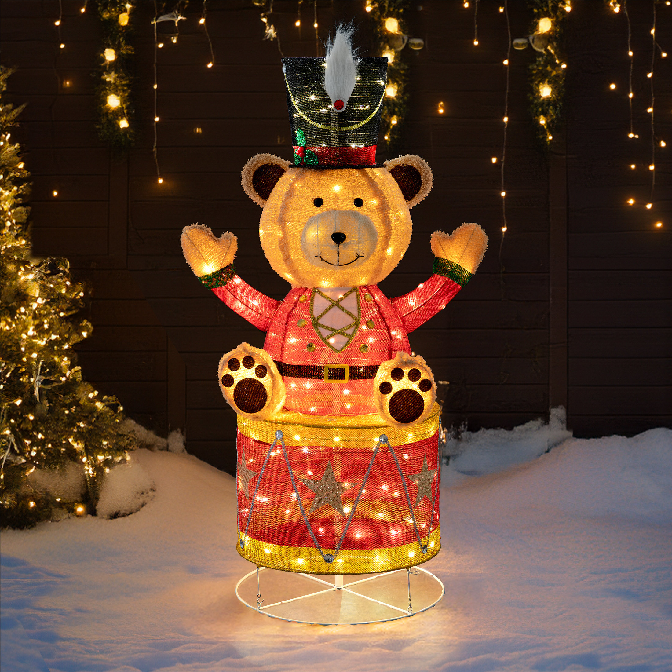 Sunjoy 57 inch Christmas Lighted Drumming Bear, 3D Tinsel Santa Drumming Bear Outdoor Indoor Garden Yard Lawn Festive Holiday Decoration with Lights & Reviews | Wayfair