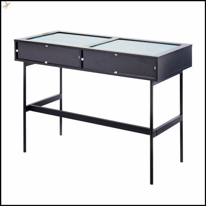 Contemporary Wood And Steel Console Table With Glass Top, Perfect For Modern Entryways And Living Rooms, Black