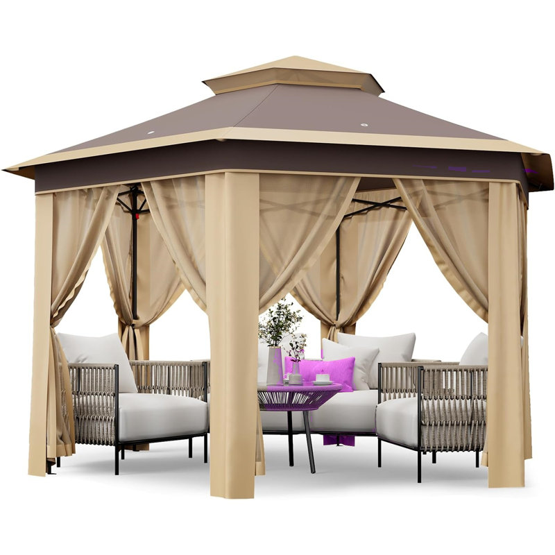 13' X 13' Pop Up Gazebo Hexagonal Outdoor Canopy Shelter Instant Patio Gazebo Tent With Mesh Netting, Khaki
