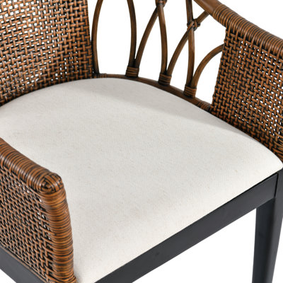 Rattan Barrel Back Design Solid Wood Base Upholstered Seat Accent Chair
