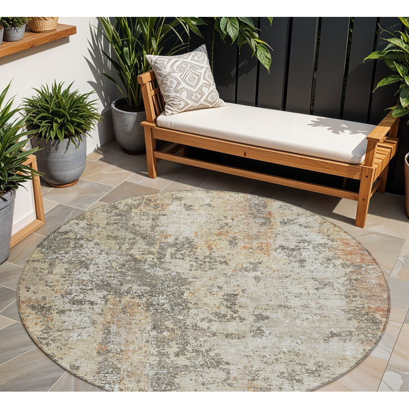 Tapis extérieur rond lavable abstrait 8 pi beige et gris foncé en terre cuite