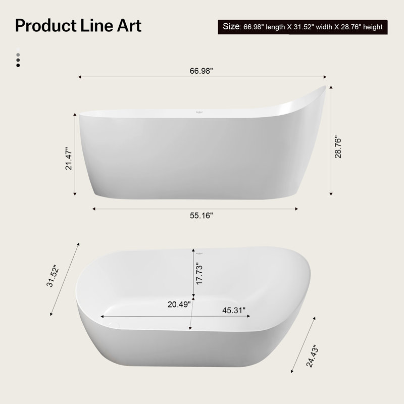 Baignoire de trempage autoportante blanche en acrylique avec trop-plein et bonde escamotable 67 po x 31,5 po MonBlari