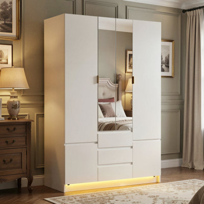 Armoire-penderie Armoire avec miroir, lumière DEL, 4 portes, 2 armoires de rangement, 3 tiroirs et tringle, armoire de chambre autoportante de 71 po de hauteur, blanc