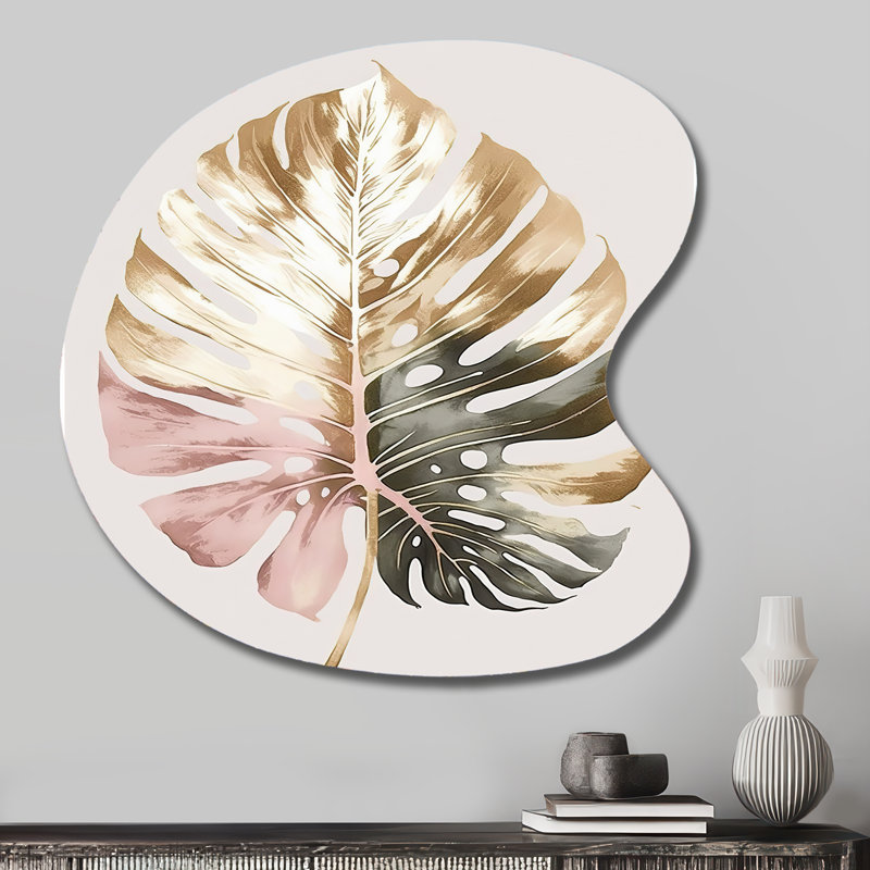 Or et blanc feuille de philodendron II - art mural asymétrique en forme de goutte florale, H 27 po x l 27 po