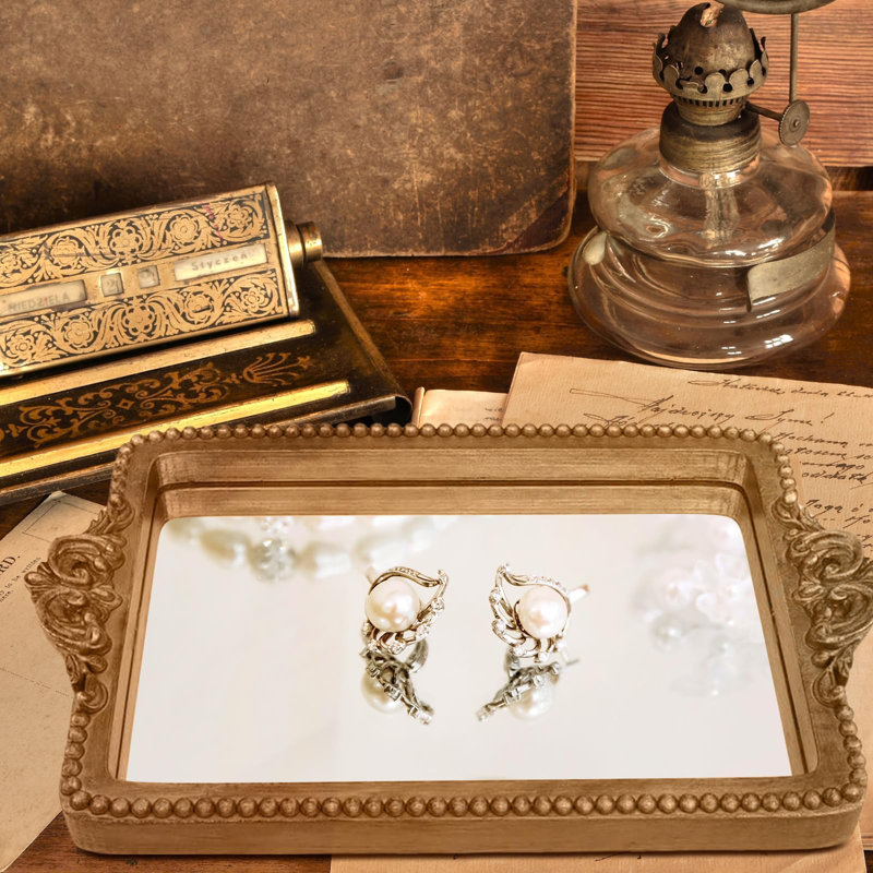 Vintage Gold Resin Tray With Mirror Glass Base And Handles