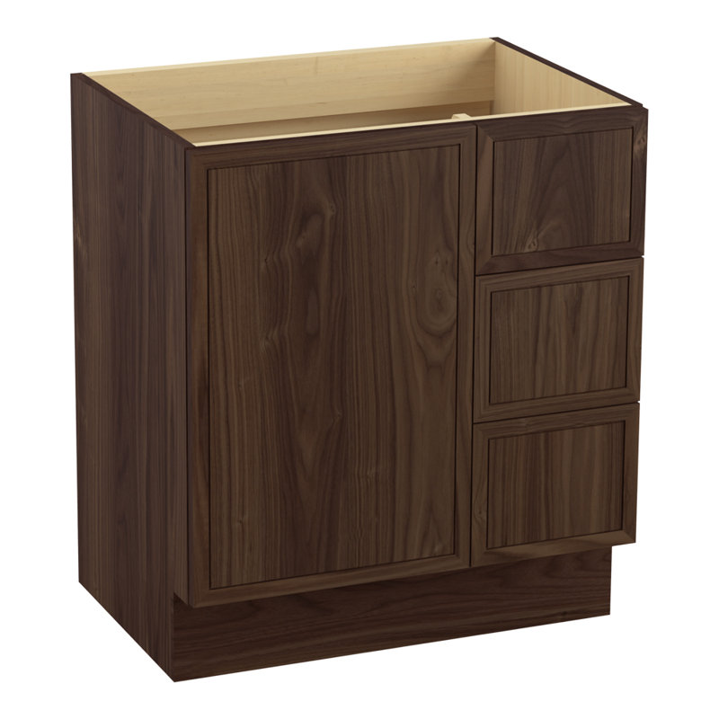 Base de meuble-lavabo 30 po Jacquard® seulement avec porte-pieds, 1 porte et 3 tiroirs à droite, Ratine couleur noyer