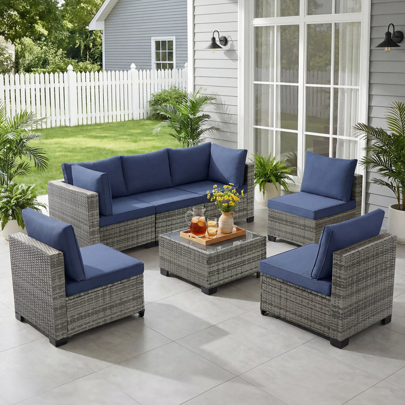 Ensemble de conversation modulaire 7 pièces, ensemble de conversation modulaire avec coussins 7 pièces, Bleu, Gris