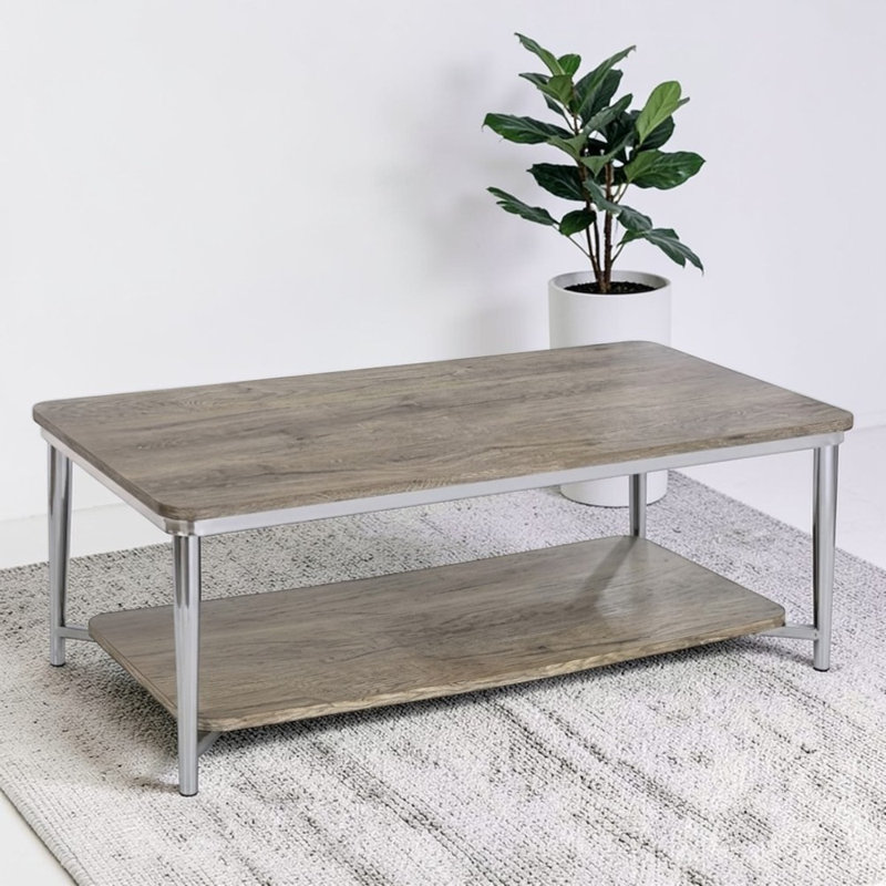 Clarabel Table basse chromée et plateau rectangulaire en bois naturel avec tablette ouverte