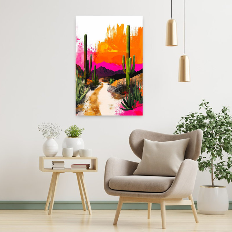 Mexican Life Mexican Desert 4 Colorful Vibrant Abstract Cactus City Landscape Wall Art Print 1 Piece Wrapped Canvas Wall Art