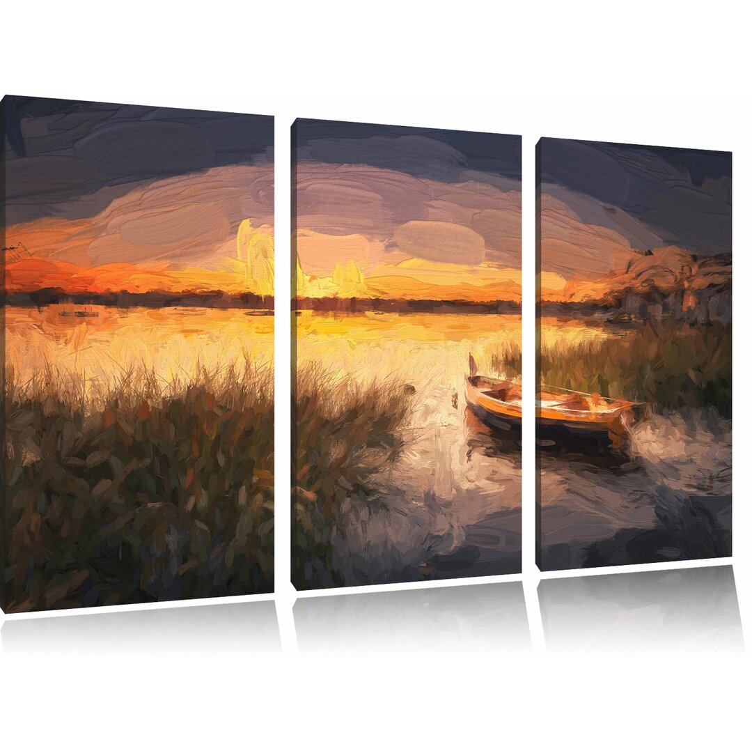 3-tlg. Leinwandbilder-Set „Segelschiffe an der Küste im Sonnenuntergang“, Grafikdruck