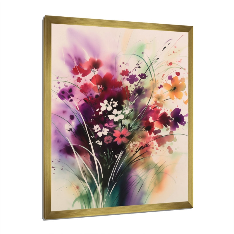 Ryung mauve et vert, bouquet de fleurs élégance II sur toile, H 20 po x l 12 po x P 1 po, Encadrement doré