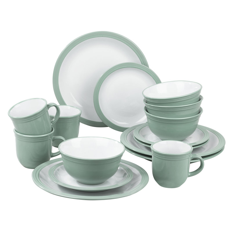 Waterside 16pc Camden Stoneware Dinner Set, Green/White