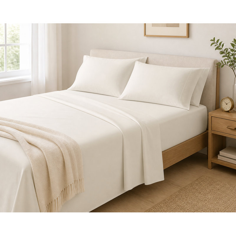 Ensemble de literie 4 pièces très grand en mélange de coton rafraîchissant 600TC, literie à poches profondes ivoire pour dormeurs chauds, chambre à coucher