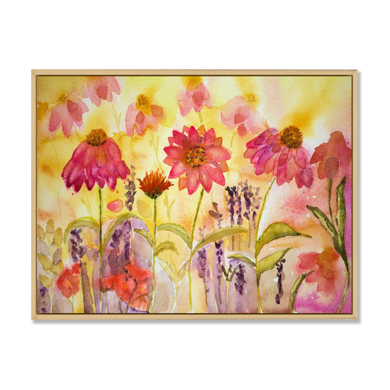 Wild Coneflowers and Lavender - reproduction sur toile, H 8 po x l 12 po x P 1 po, Cadre flottant brun