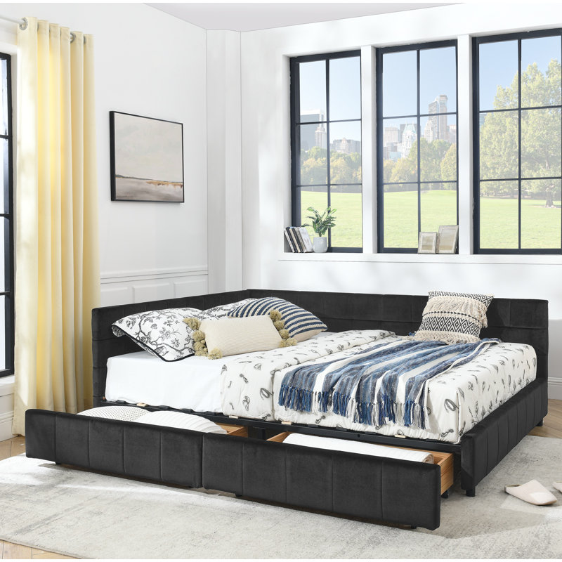 Modern Queen Size Storage Upholstered Tufted Daybed With Comfortable Backrest And Armrests For Bedroom And Living Room,