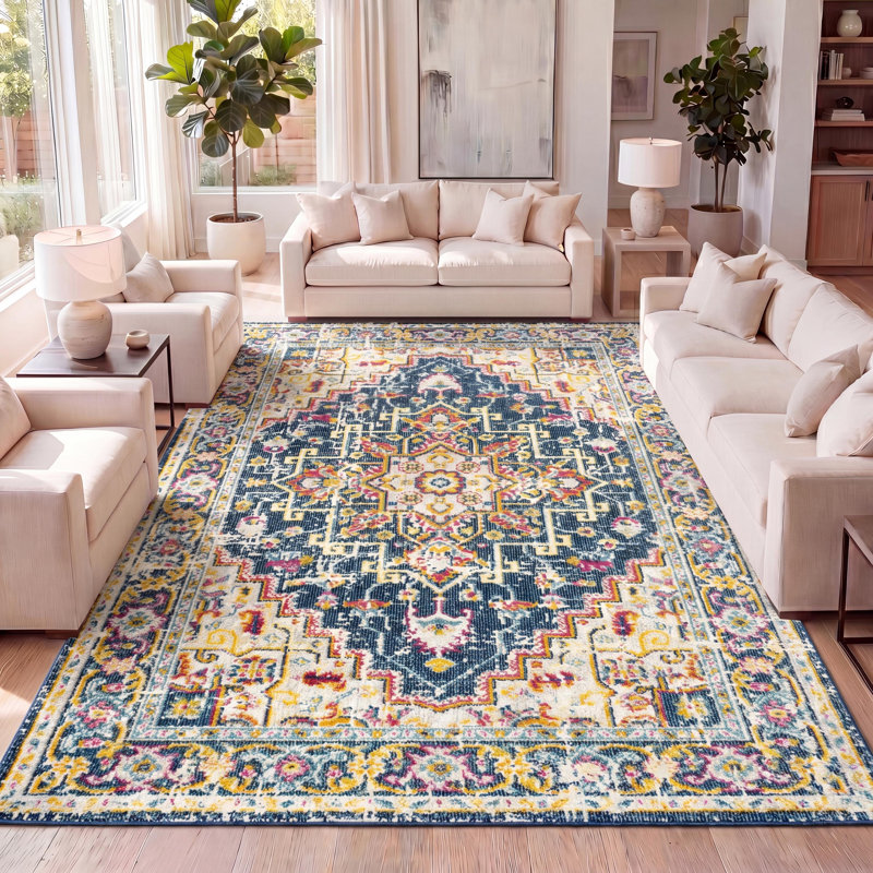 Brooklyn Geometric Medallion Blue/Beige Rug, Rectangle 4' x 6'