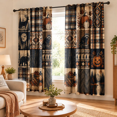 2Pcs Rustic Patchwork Forest Animals Curtains, Vintage Deer Bear Raccoon Pumpkin Plaid Wood Grain Pattern Window Drapes For Living Room Bedroom Kitchen Patio Door