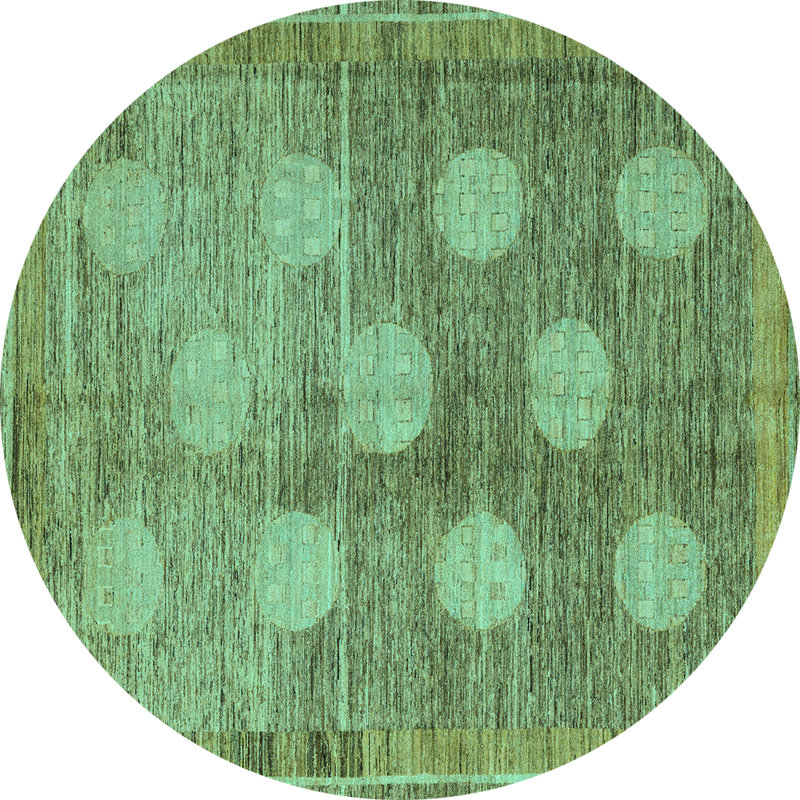 Tapis turquoise / vert / gris en laine et polyester tissés à la machine Devionte, Rond 8 pi