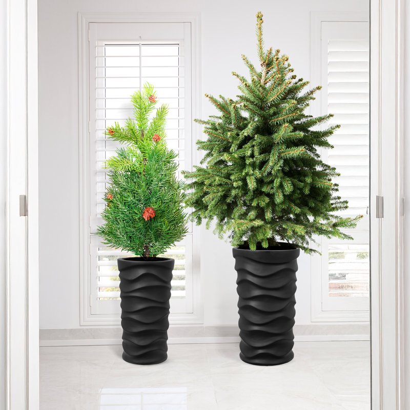 2-Piece Modern Style Outdoor Planters For Porch, Indoor Wavy Handmade Pot Planter Set, Mgo Flower Pots, Balcony Large Pot Planters, Black\White
