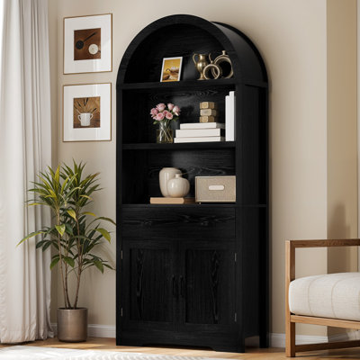 71" Tall Arched Bookcase Farmhouse Storage Cabinet With 2 Drawers & Doors
