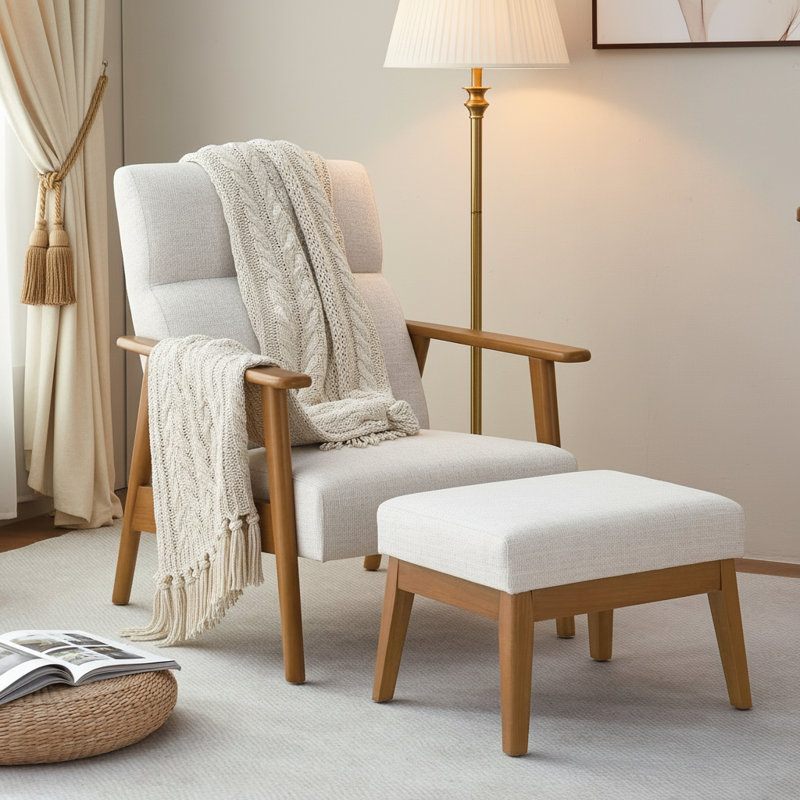 Herrot Modern Upholstered Solid Wood Accent Chair with Ottoman, Oatmeal
