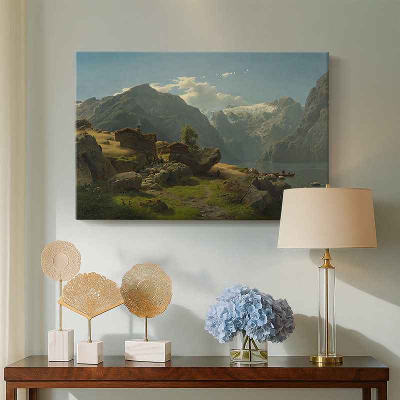 Hans Gude "Paysage de fjords norvégiens avec cabines" - Art mural sur toile tendue de qualité musée, 24 x 36