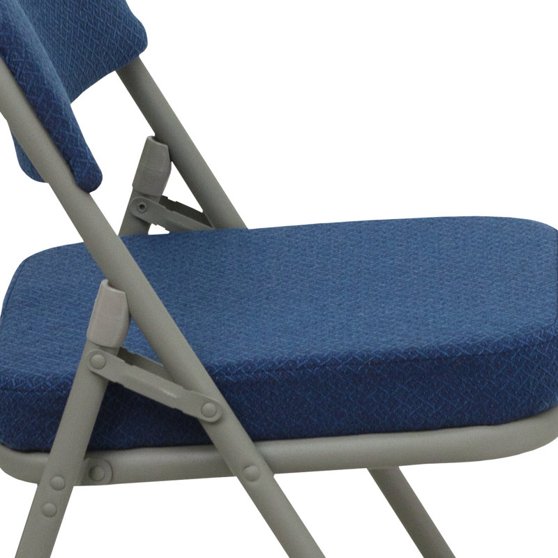 Premium Curved Triple Braced & Double Hinged Fabric Upholstered Metal Folding Chair, Navy/Grey, 76.2cm H x 47cm W x 48.26cm D