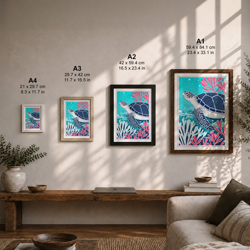 Turtle in Coral Garden Coastal 1 Piece Single Picture Frame Wall Art, A4 - 29.7 x 21.0 cm, Black