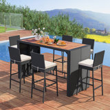 7-piece Patio Bar Dining Set Pe Rattan Furniture Set With Acacia Wood Tabletop & Soft Cushions