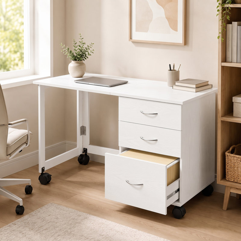 Bureau d'ordinateur pliable avec 3 tiroirs, roulettes, aspect bois blanc