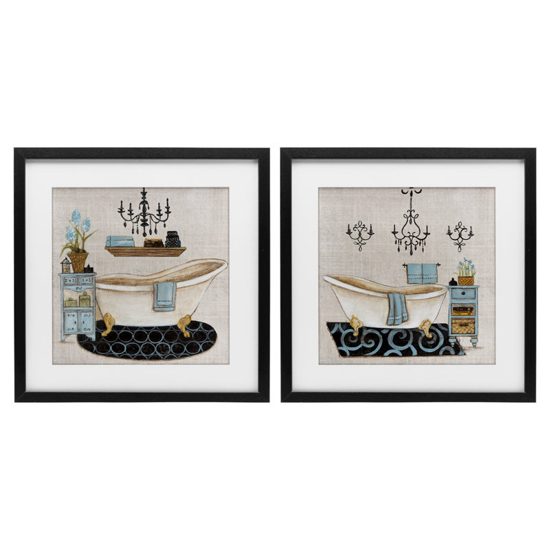 Ensemble de 2 impressions encadrées sous verre Blue Relaxation Bathroom, design par Janet Tava, H 16 po x l 16 po, Noir