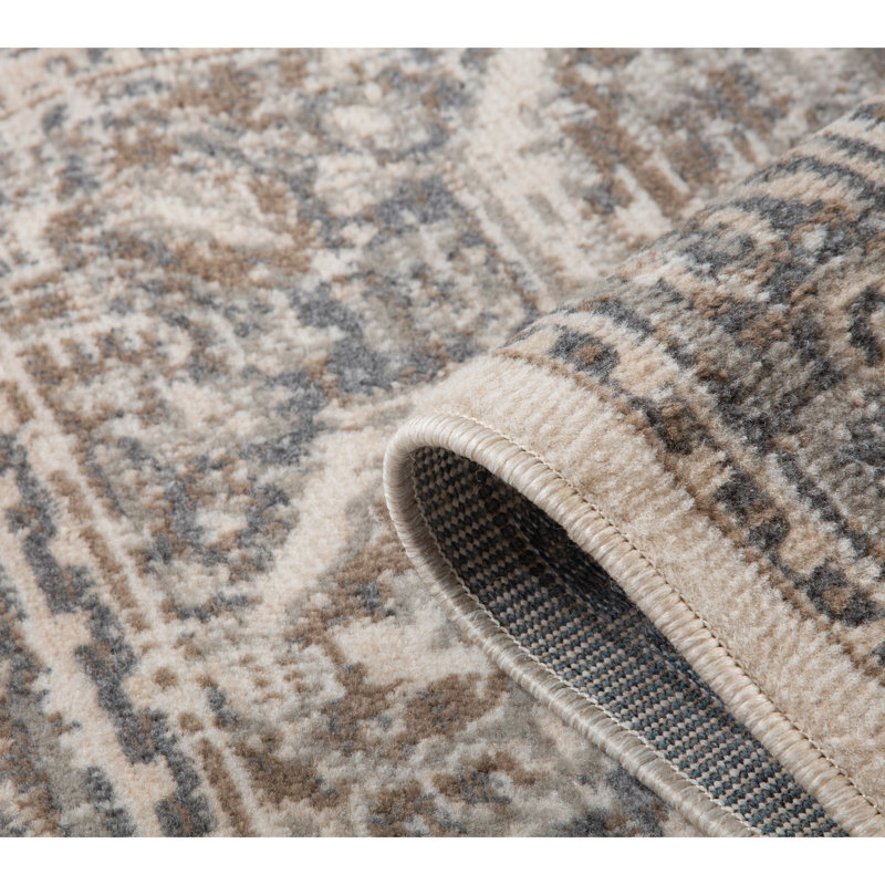 Nimoha Traditional Bordered Medallion Durable Performance Beige/Gray Area Rug, Runner 2'7" x 10'